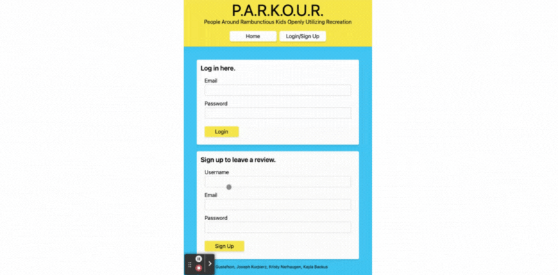 The gif shows a bright blue and yellow background. The user logs in and leaves a review on a park called 'White Lake Park.'