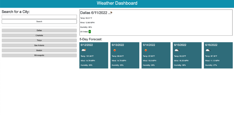 The screen shows the weather for Dallas on June 11, 2022. The forecast for the next five days is shown beneath.